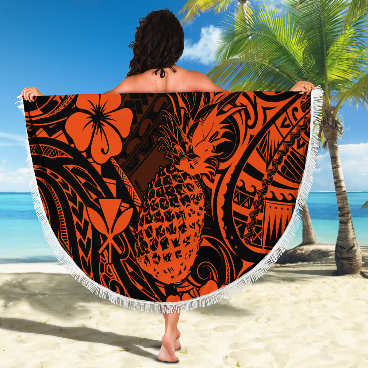 Hawaii Pineapple Beach Blanket Paradise Flowers Pacific With Orange Polynesian Tribal LT01 - Wonder Print Shop