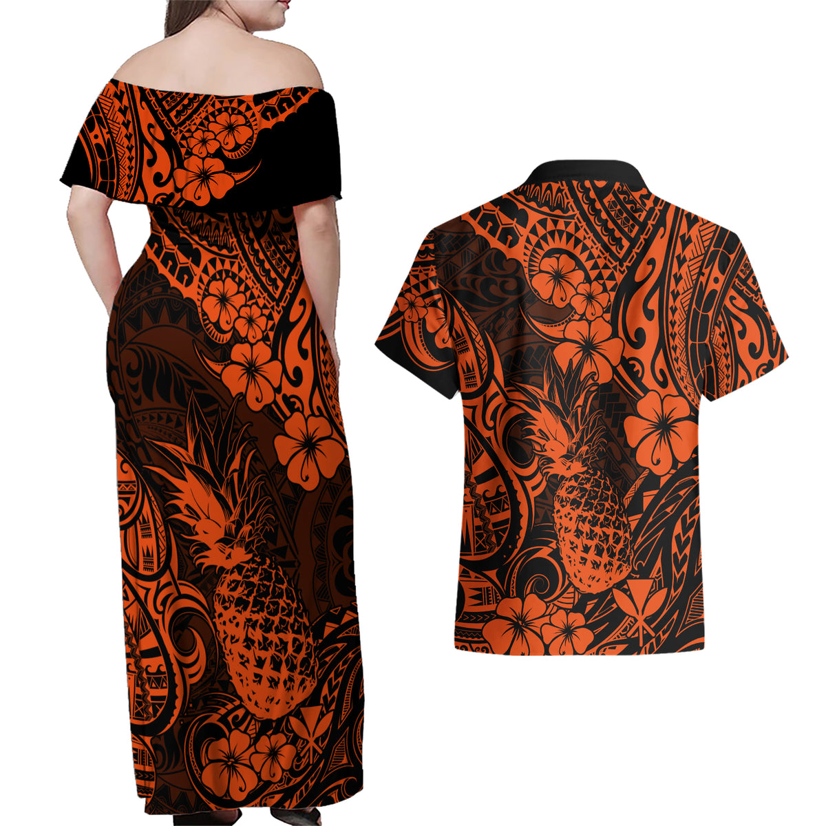 Hawaii Pineapple Couples Matching Off Shoulder Maxi Dress and Hawaiian Shirt Paradise Flowers Pacific With Orange Polynesian Tribal LT01 - Polynesian Pride