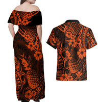 Hawaii Pineapple Couples Matching Off Shoulder Maxi Dress and Hawaiian Shirt Paradise Flowers Pacific With Orange Polynesian Tribal LT01 - Polynesian Pride