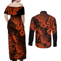Hawaii Pineapple Couples Matching Off Shoulder Maxi Dress and Long Sleeve Button Shirts Paradise Flowers Pacific With Orange Polynesian Tribal LT01 - Polynesian Pride