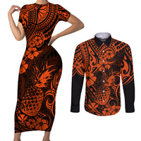 Hawaii Pineapple Couples Matching Short Sleeve Bodycon Dress and Long Sleeve Button Shirts Paradise Flowers Pacific With Orange Polynesian Tribal LT01 Orange - Polynesian Pride