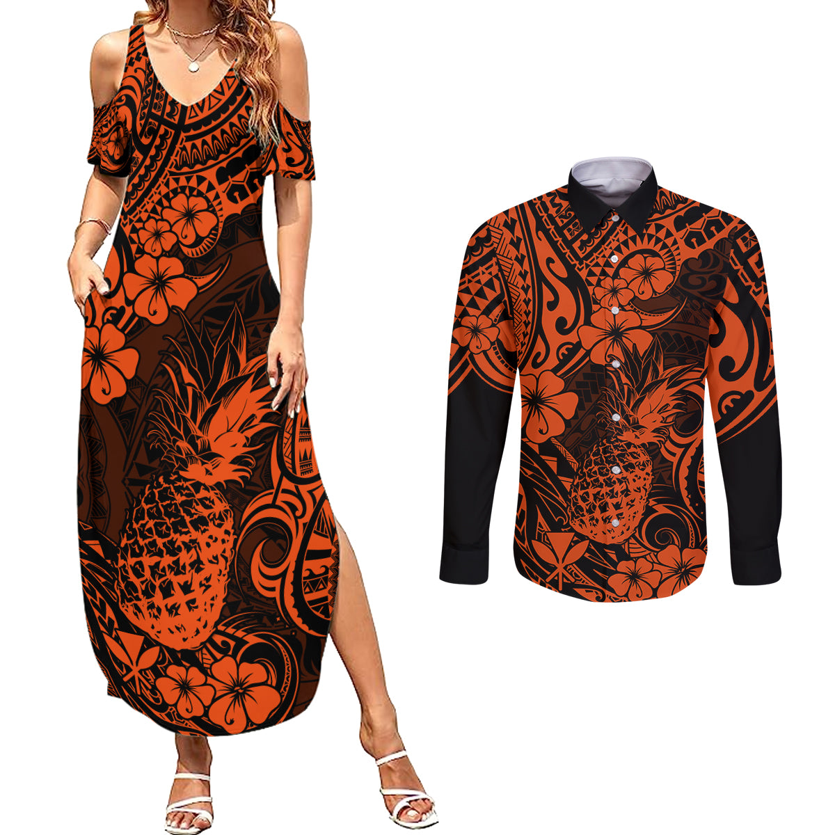 Hawaii Pineapple Couples Matching Summer Maxi Dress and Long Sleeve Button Shirts Paradise Flowers Pacific With Orange Polynesian Tribal LT01 Orange - Polynesian Pride