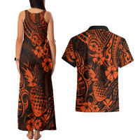 Hawaii Pineapple Couples Matching Tank Maxi Dress and Hawaiian Shirt Paradise Flowers Pacific With Orange Polynesian Tribal LT01 - Polynesian Pride