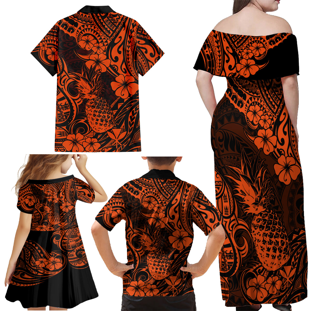 Hawaii Pineapple Family Matching Off Shoulder Maxi Dress and Hawaiian Shirt Paradise Flowers Pacific With Orange Polynesian Tribal LT01 - Polynesian Pride