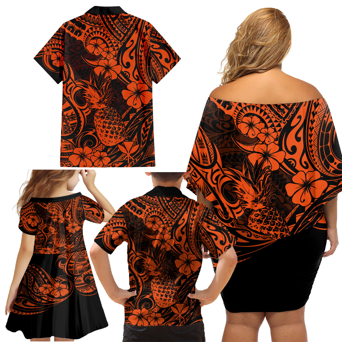 Hawaii Pineapple Family Matching Off Shoulder Short Dress and Hawaiian Shirt Paradise Flowers Pacific With Orange Polynesian Tribal LT01 - Polynesian Pride