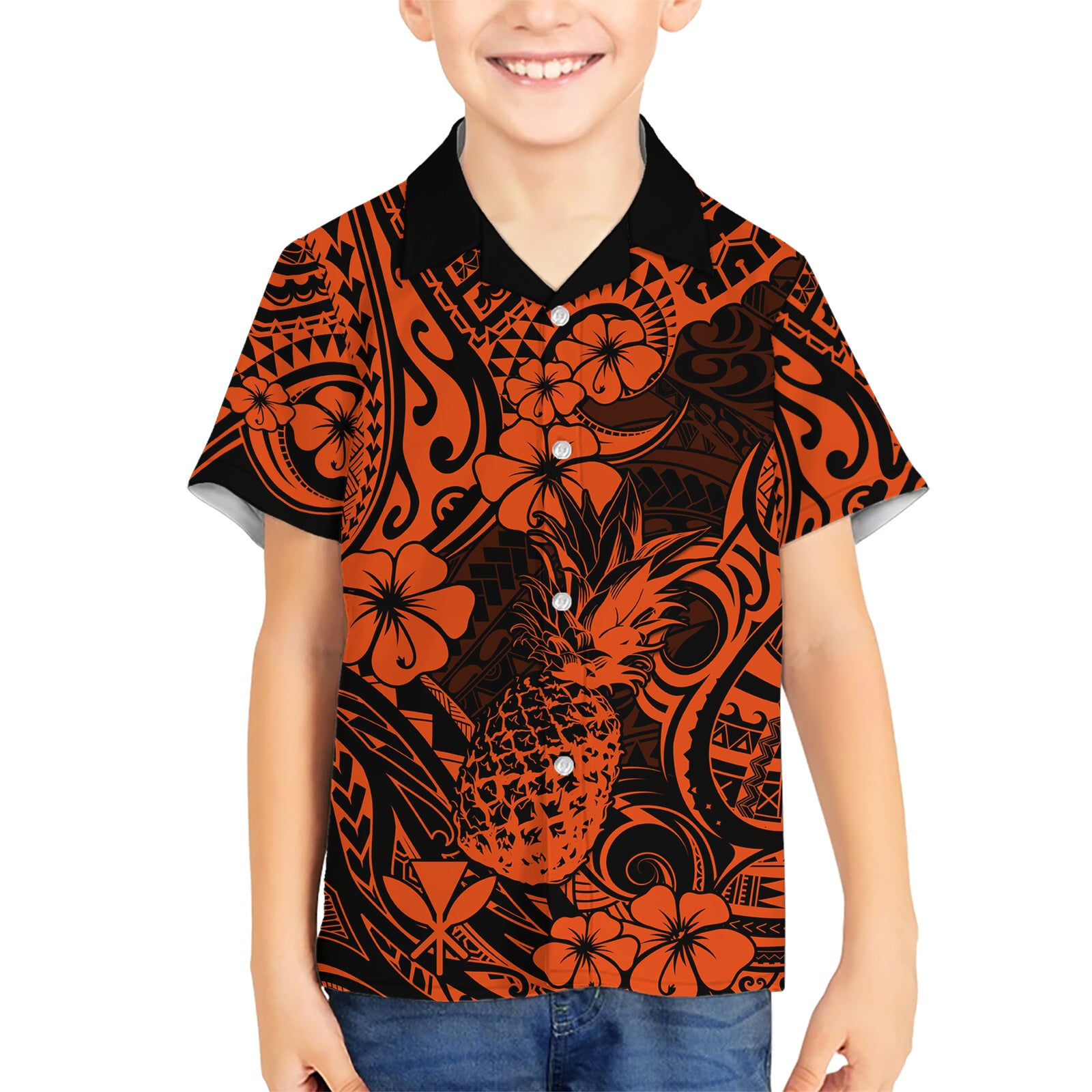 Hawaii Pineapple Kid Hawaiian Shirt Paradise Flowers Pacific With Orange Polynesian Tribal LT01 Kid Orange - Polynesian Pride