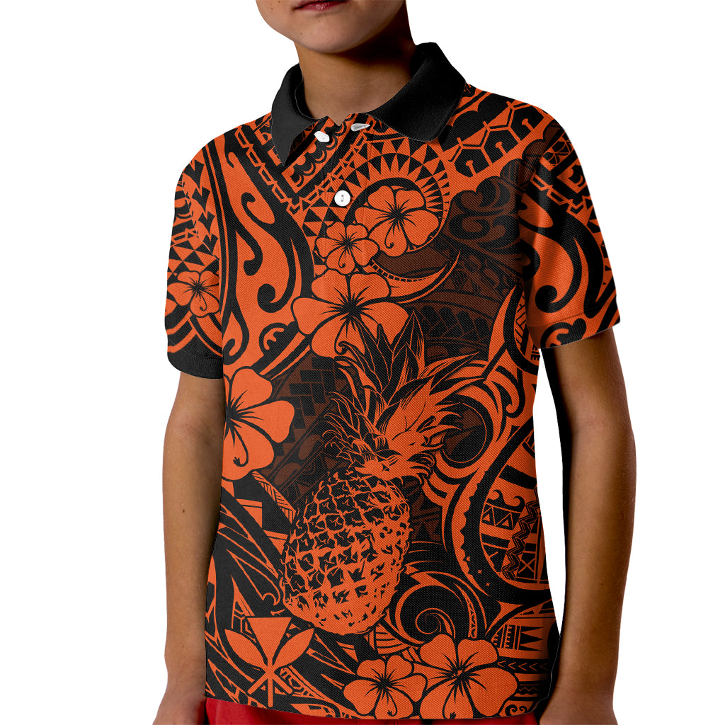 Hawaii Pineapple Kid Polo Shirt Paradise Flowers Pacific With Orange Polynesian Tribal LT01 Kid Orange - Polynesian Pride
