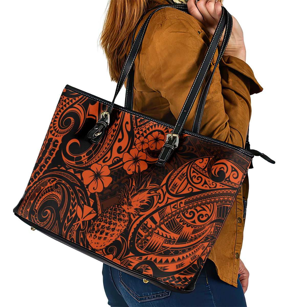 Hawaii Pineapple Leather Tote Bag Paradise Flowers Pacific With Orange Polynesian Tribal LT01 - Polynesian Pride