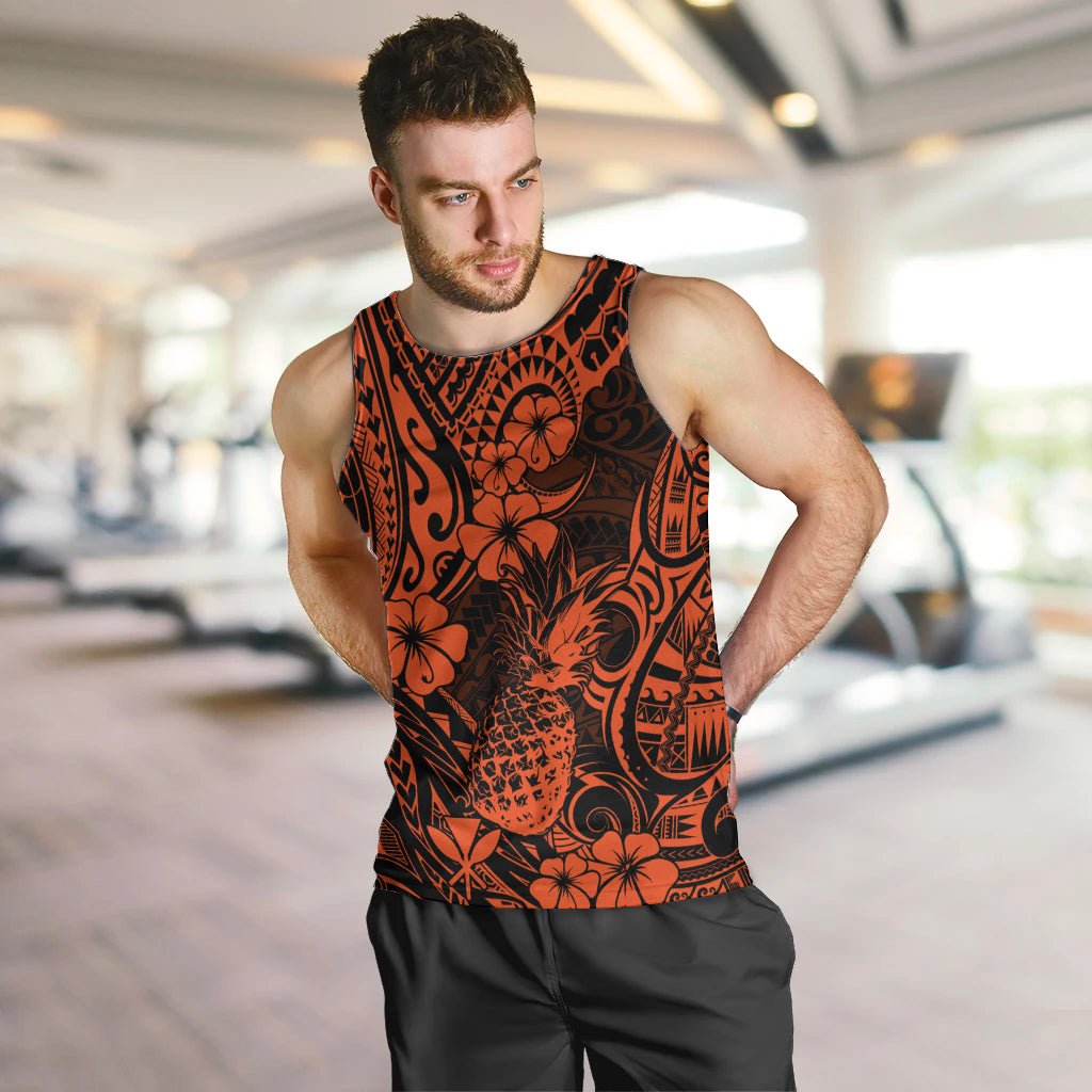 Hawaii Pineapple Men Tank Top Paradise Flowers Pacific With Orange Polynesian Tribal LT01 - Polynesian Pride