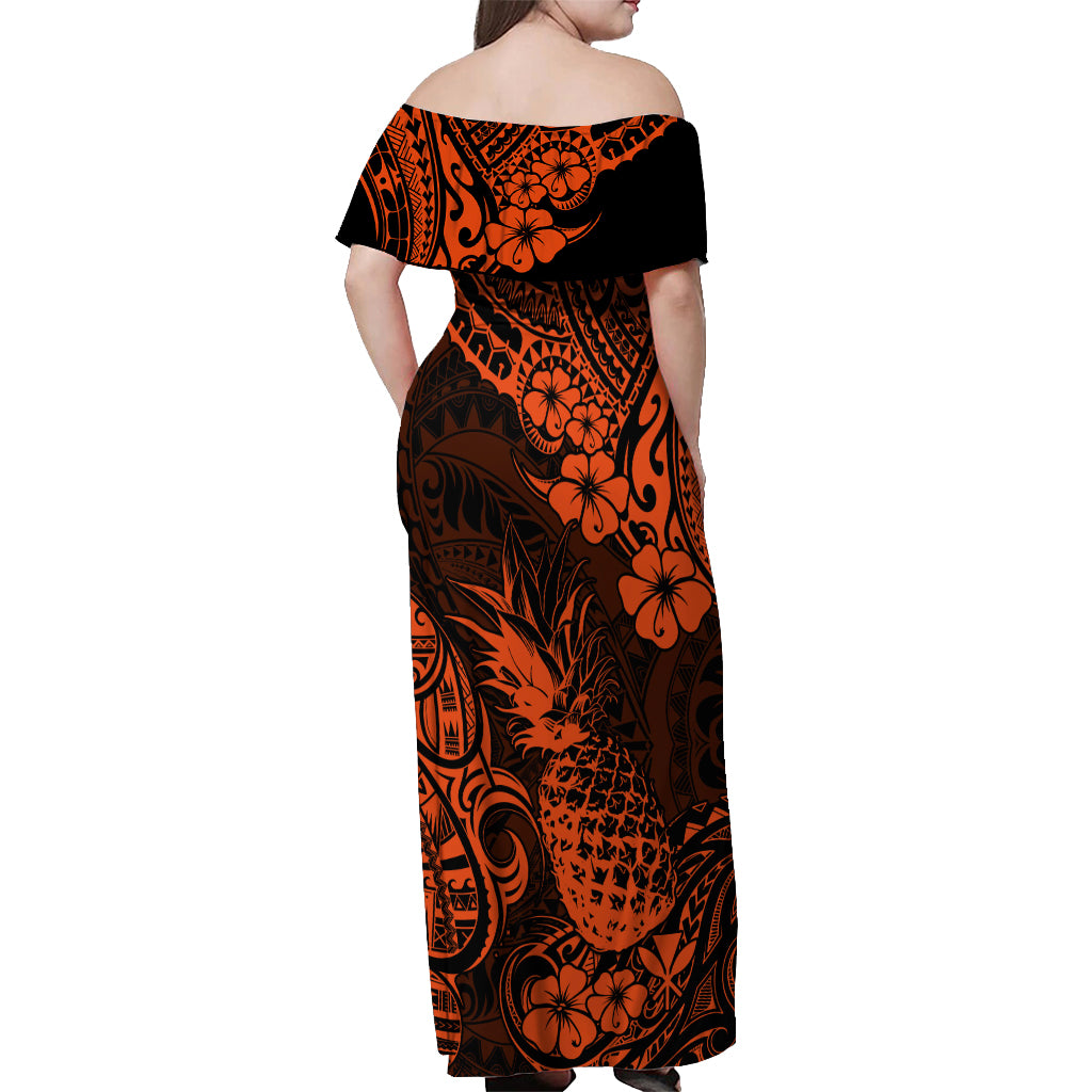 Hawaii Pineapple Off Shoulder Maxi Dress Paradise Flowers Pacific With Orange Polynesian Tribal LT01 - Polynesian Pride