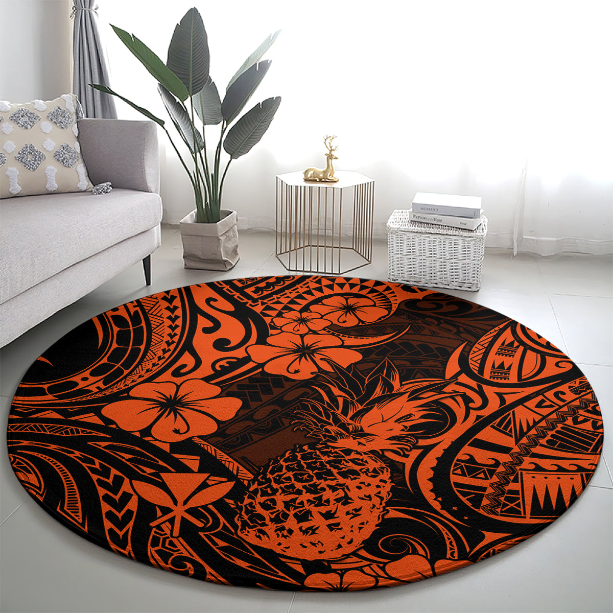 Hawaii Pineapple Round Carpet Paradise Flowers Pacific With Orange Polynesian Tribal LT01 - Polynesian Pride