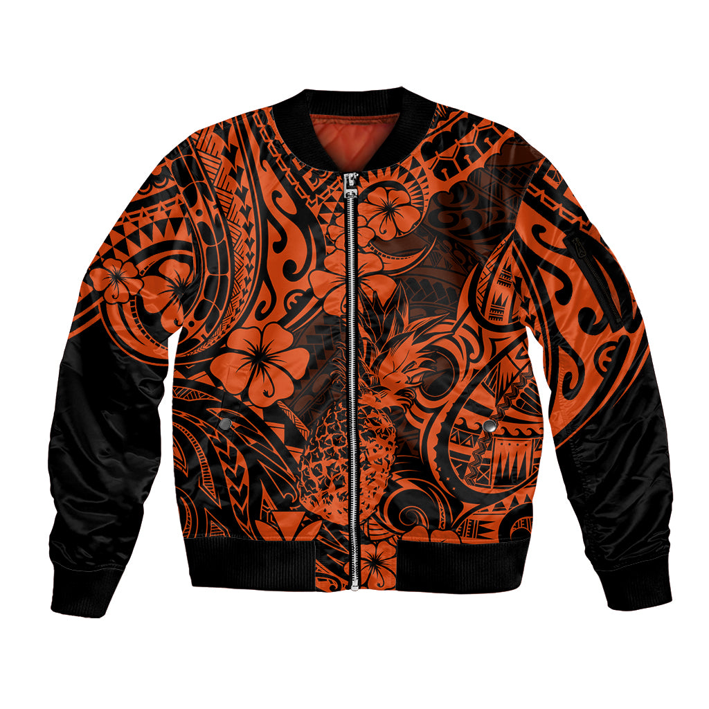 Hawaii Pineapple Sleeve Zip Bomber Jacket Paradise Flowers Pacific With Orange Polynesian Tribal LT01 Unisex Orange - Polynesian Pride