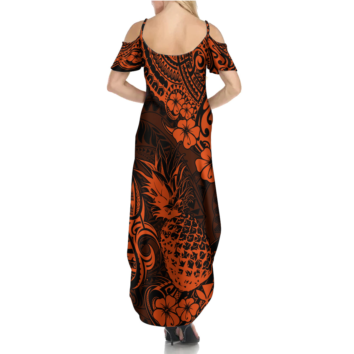 Hawaii Pineapple Summer Maxi Dress Paradise Flowers Pacific With Orange Polynesian Tribal LT01 - Polynesian Pride