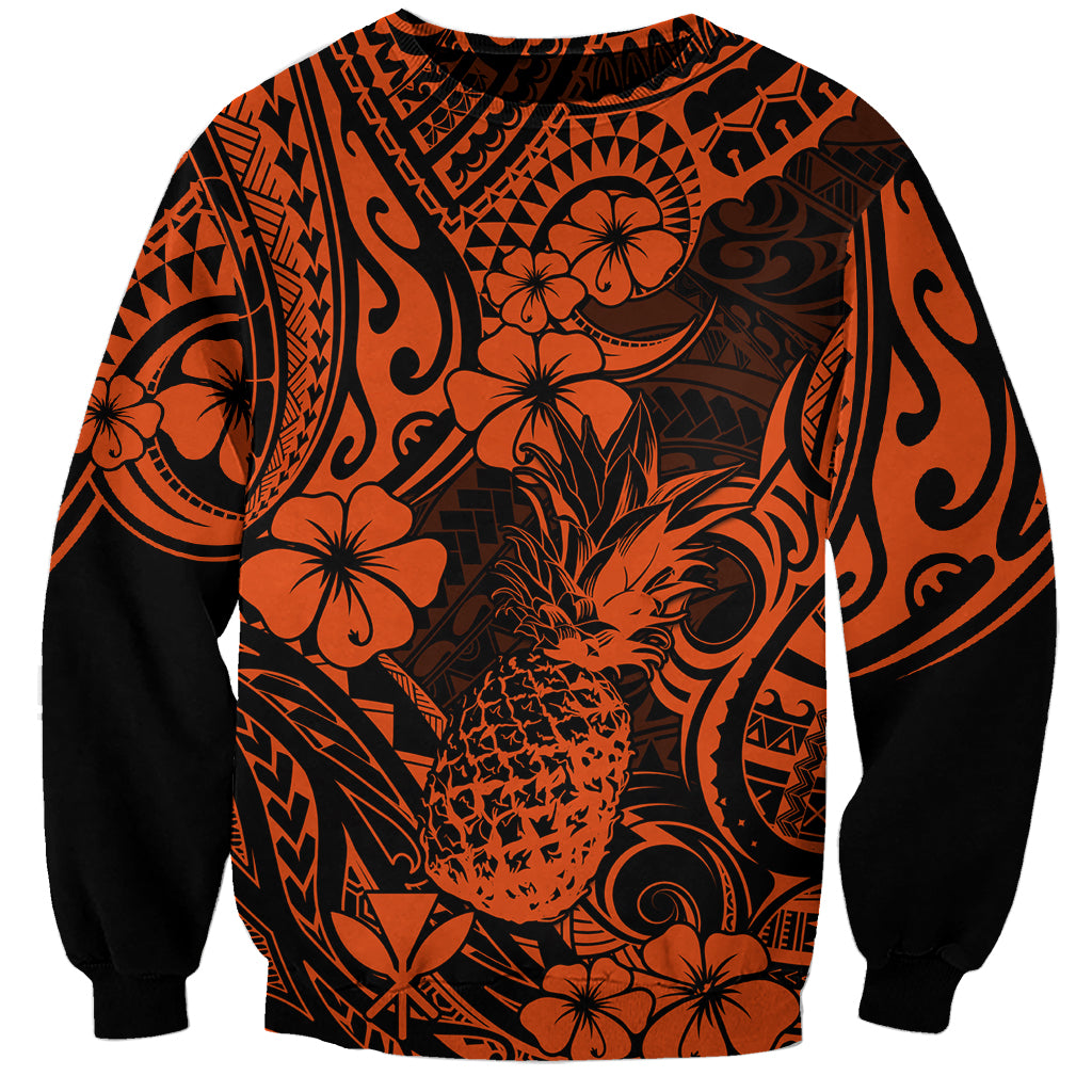 Hawaii Pineapple Sweatshirt Paradise Flowers Pacific With Orange Polynesian Tribal LT01 Unisex Orange - Polynesian Pride