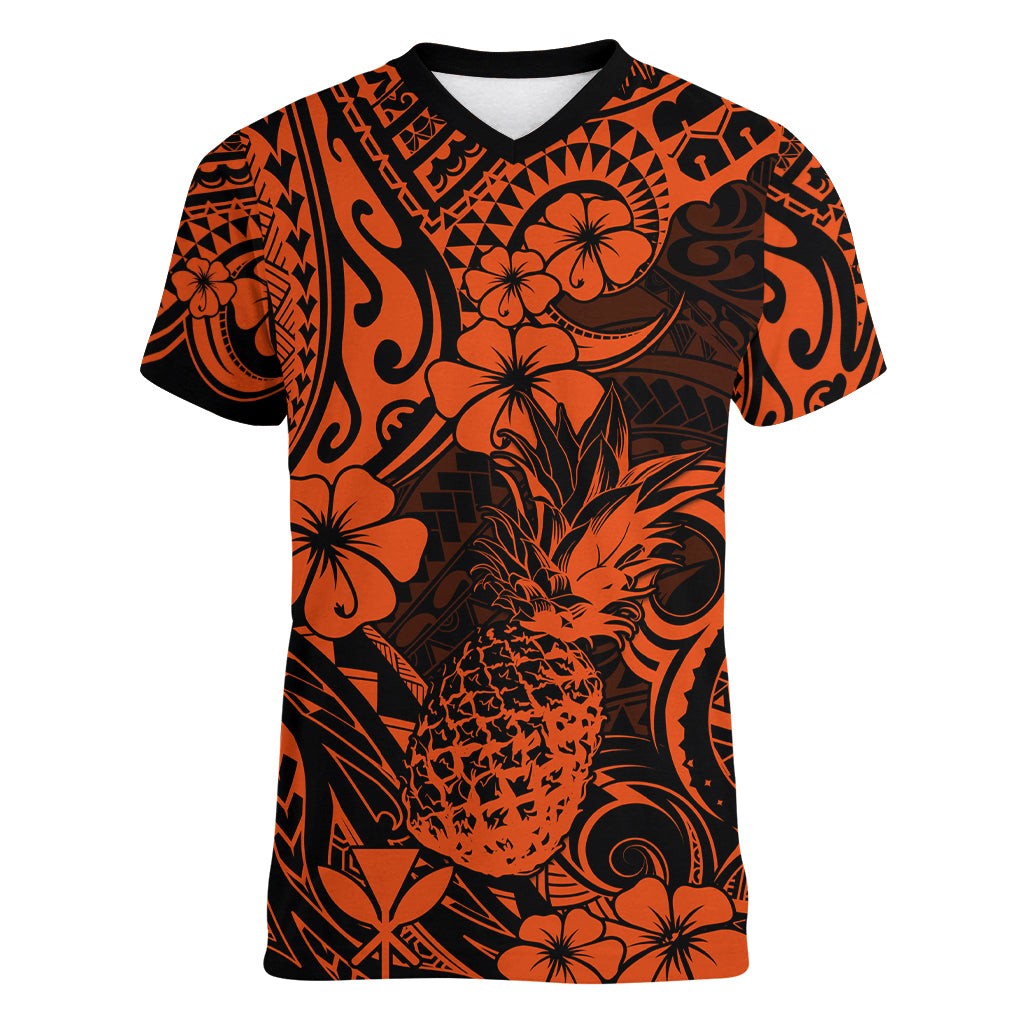 Hawaii Pineapple Women V Neck T Shirt Paradise Flowers Pacific With Orange Polynesian Tribal LT01 Female Orange - Polynesian Pride