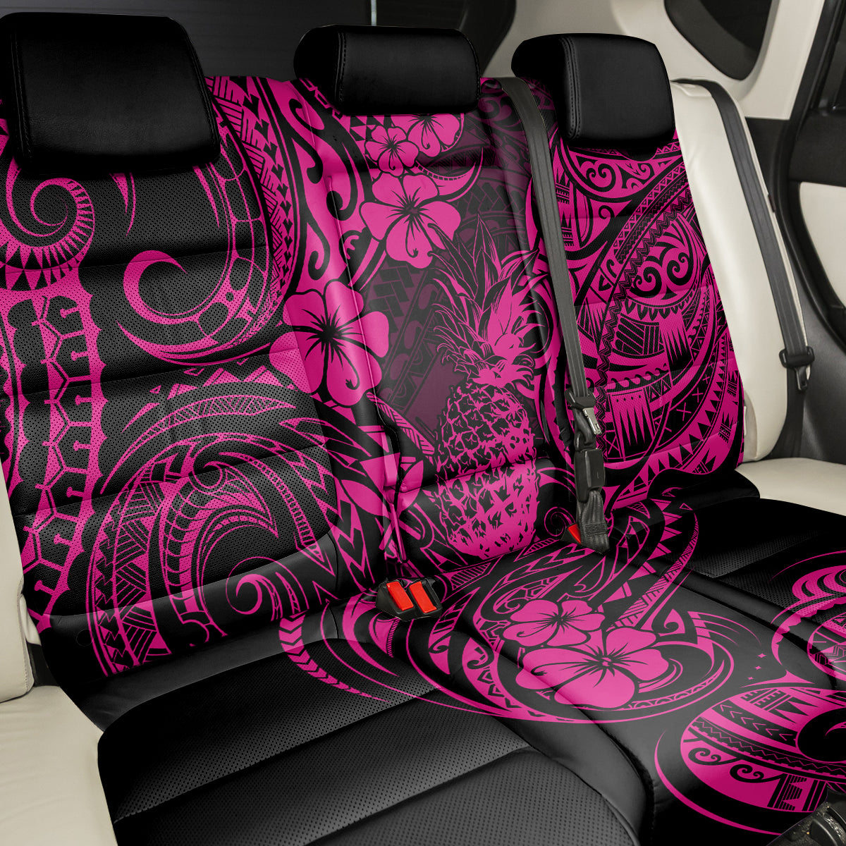 Hawaii Pineapple Back Car Seat Cover Paradise Flowers Pacific With Pink Polynesian Tribal