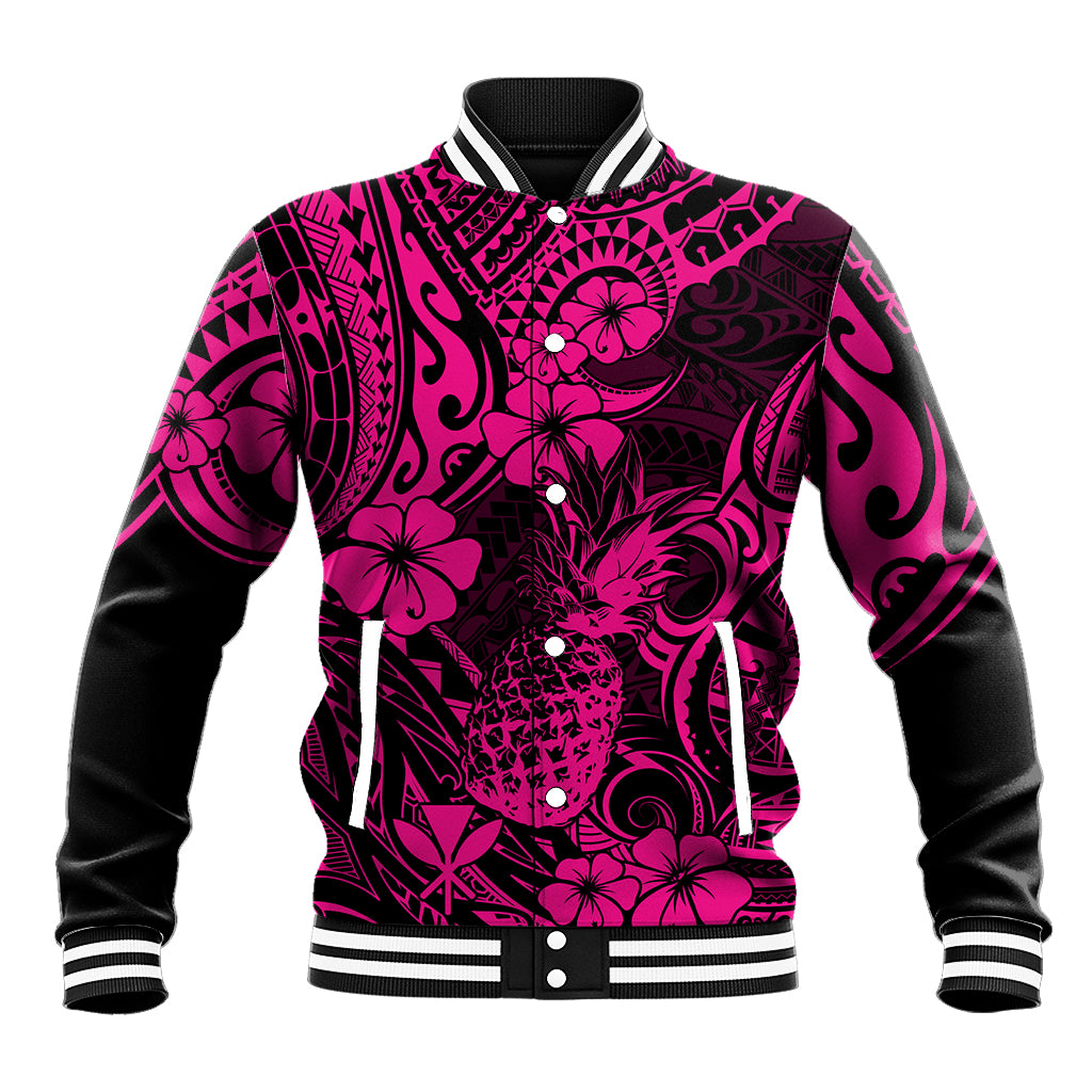 Hawaii Pineapple Baseball Jacket Paradise Flowers Pacific With Pink Polynesian Tribal LT01 Unisex Pink - Polynesian Pride