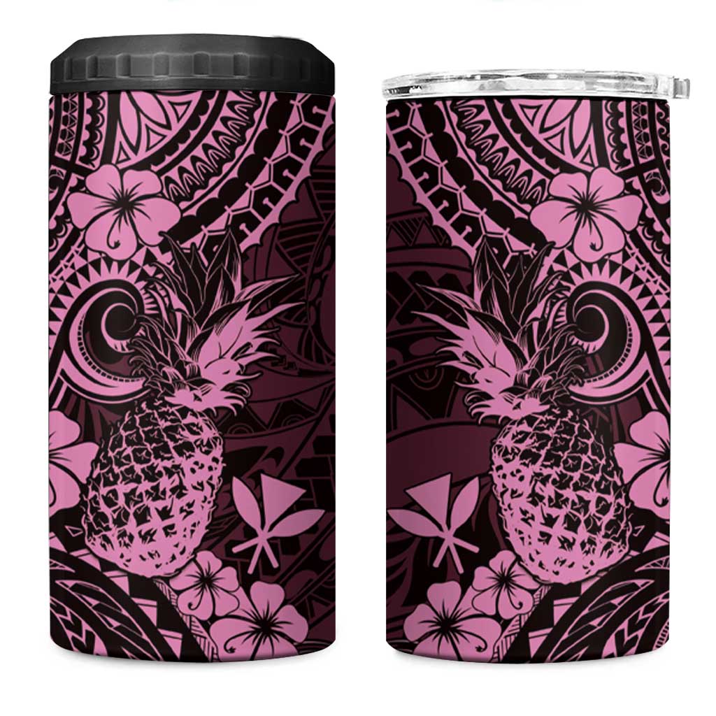 Hawaii Pineapple 4 in 1 Can Cooler Tumbler Paradise Flowers Pacific With Pink Polynesian Tribal