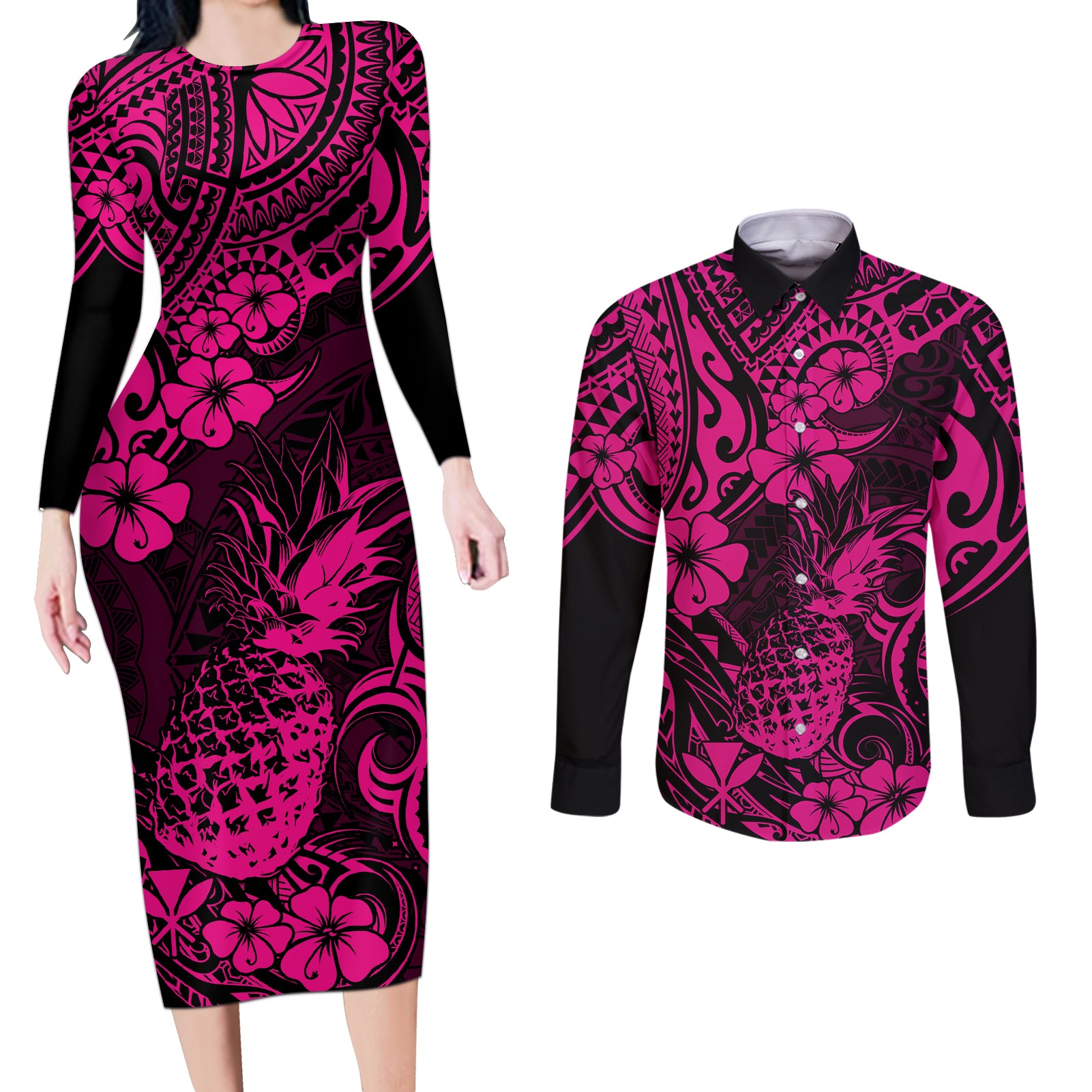 Hawaii Pineapple Couples Matching Long Sleeve Bodycon Dress and Long Sleeve Button Shirts Paradise Flowers Pacific With Pink Polynesian Tribal LT01 Pink - Polynesian Pride