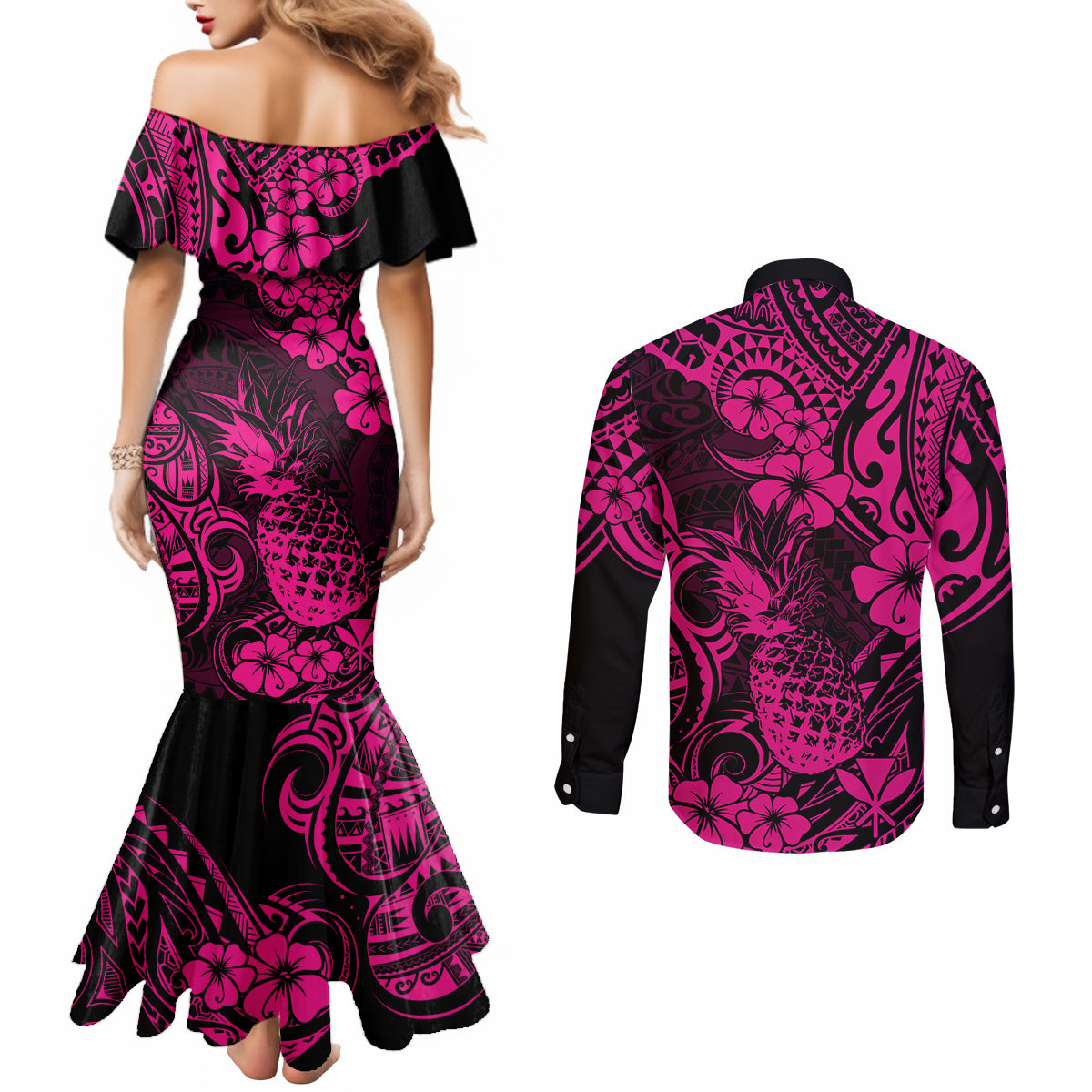 Hawaii Pineapple Couples Matching Mermaid Dress and Long Sleeve Button Shirts Paradise Flowers Pacific With Pink Polynesian Tribal LT01 - Polynesian Pride