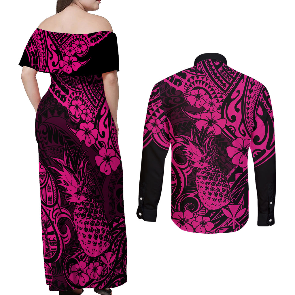 Hawaii Pineapple Couples Matching Off Shoulder Maxi Dress and Long Sleeve Button Shirts Paradise Flowers Pacific With Pink Polynesian Tribal LT01 - Polynesian Pride