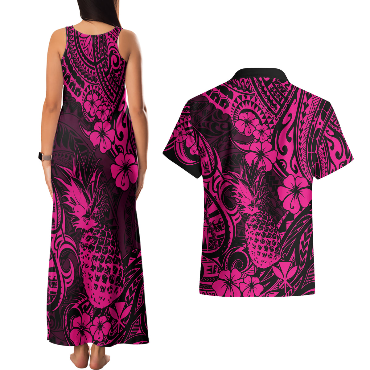 Hawaii Pineapple Couples Matching Tank Maxi Dress and Hawaiian Shirt Paradise Flowers Pacific With Pink Polynesian Tribal LT01 - Polynesian Pride