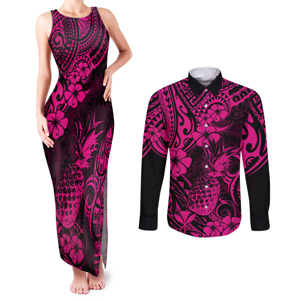 Hawaii Pineapple Couples Matching Tank Maxi Dress and Long Sleeve Button Shirts Paradise Flowers Pacific With Pink Polynesian Tribal LT01 Pink - Polynesian Pride