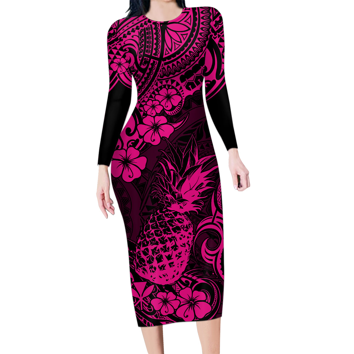Hawaii Pineapple Family Matching Long Sleeve Bodycon Dress and Hawaiian Shirt Paradise Flowers Pacific With Pink Polynesian Tribal LT01 Mom's Dress Pink - Polynesian Pride