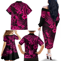 Hawaii Pineapple Family Matching Off Shoulder Long Sleeve Dress and Hawaiian Shirt Paradise Flowers Pacific With Pink Polynesian Tribal LT01 - Polynesian Pride