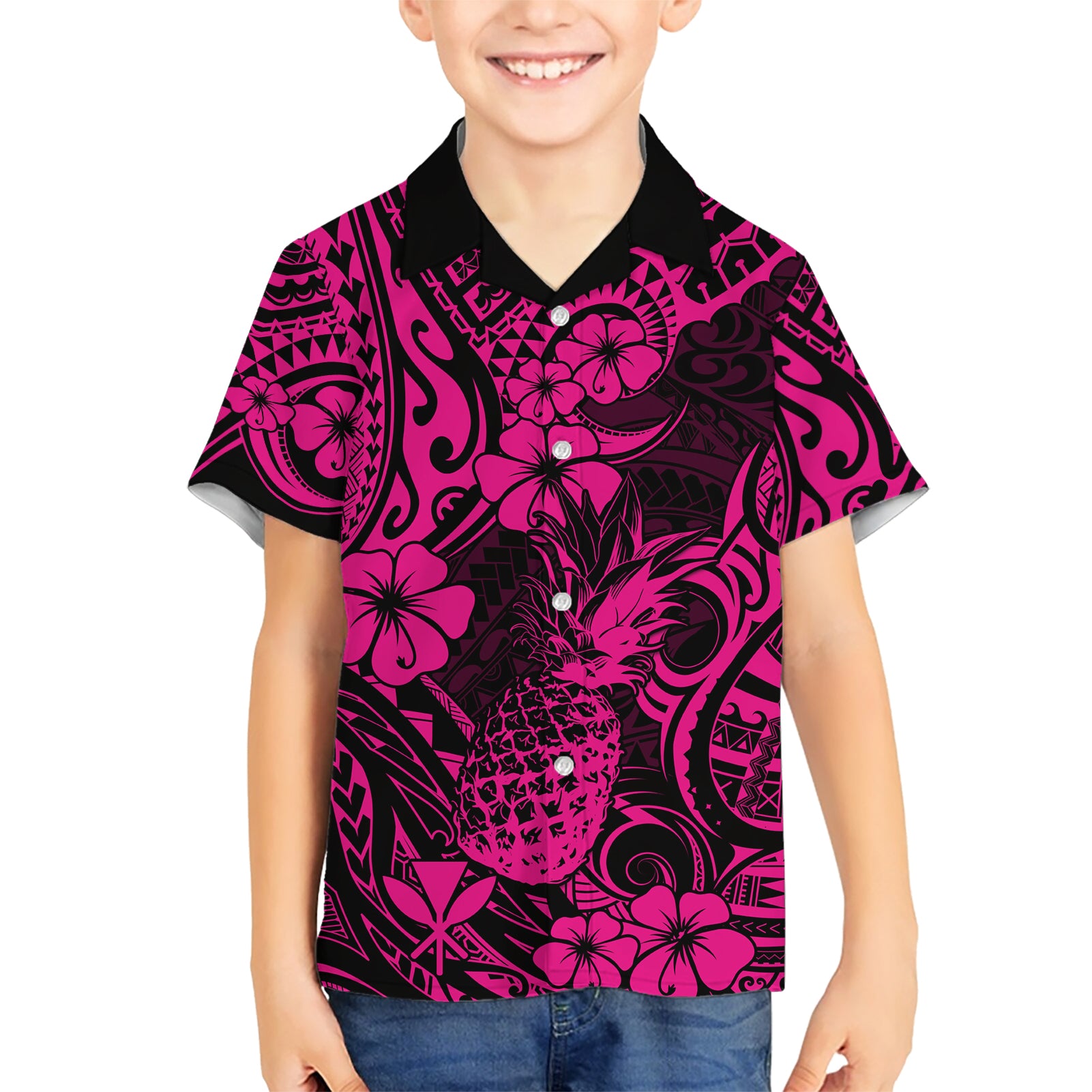 Hawaii Pineapple Kid Hawaiian Shirt Paradise Flowers Pacific With Pink Polynesian Tribal LT01 Kid Pink - Polynesian Pride