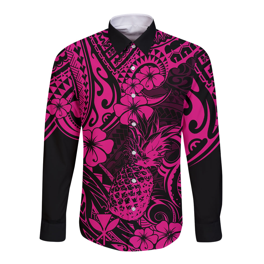 Hawaii Pineapple Long Sleeve Button Shirt Paradise Flowers Pacific With Pink Polynesian Tribal LT01 Unisex Pink - Polynesian Pride