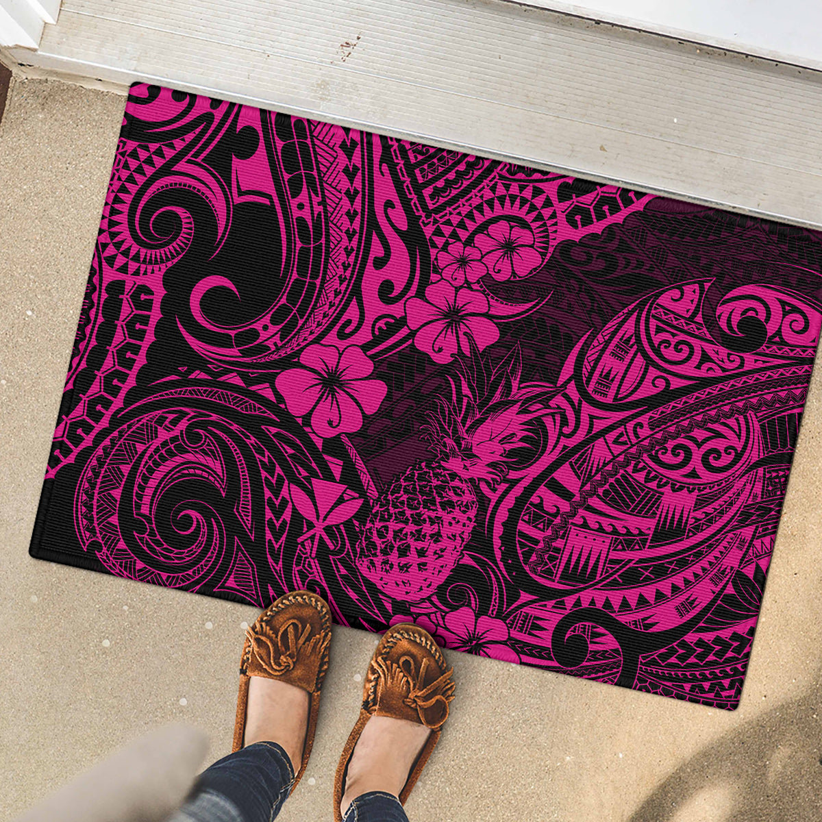 Hawaii Pineapple Rubber Doormat Paradise Flowers Pacific With Pink Polynesian Tribal LT01 - Polynesian Pride