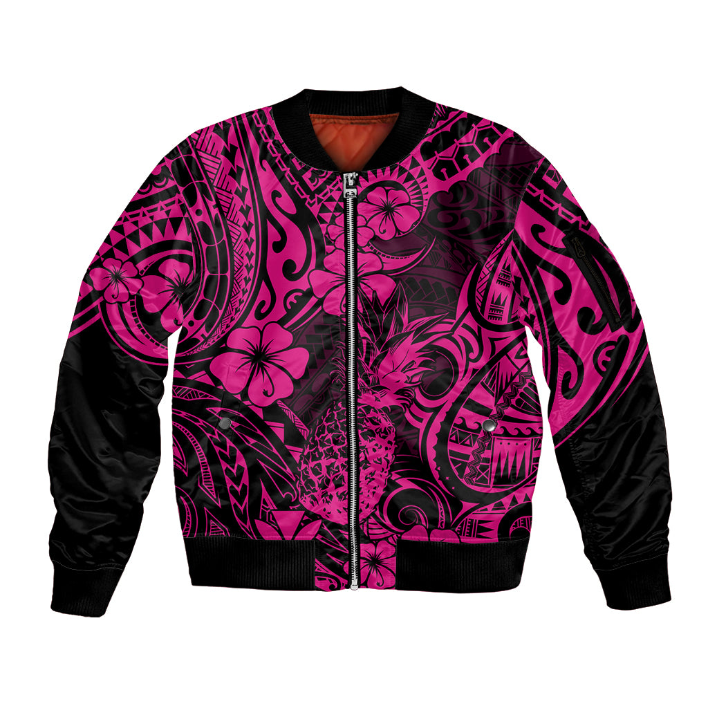 Hawaii Pineapple Sleeve Zip Bomber Jacket Paradise Flowers Pacific With Pink Polynesian Tribal LT01 Unisex Pink - Polynesian Pride