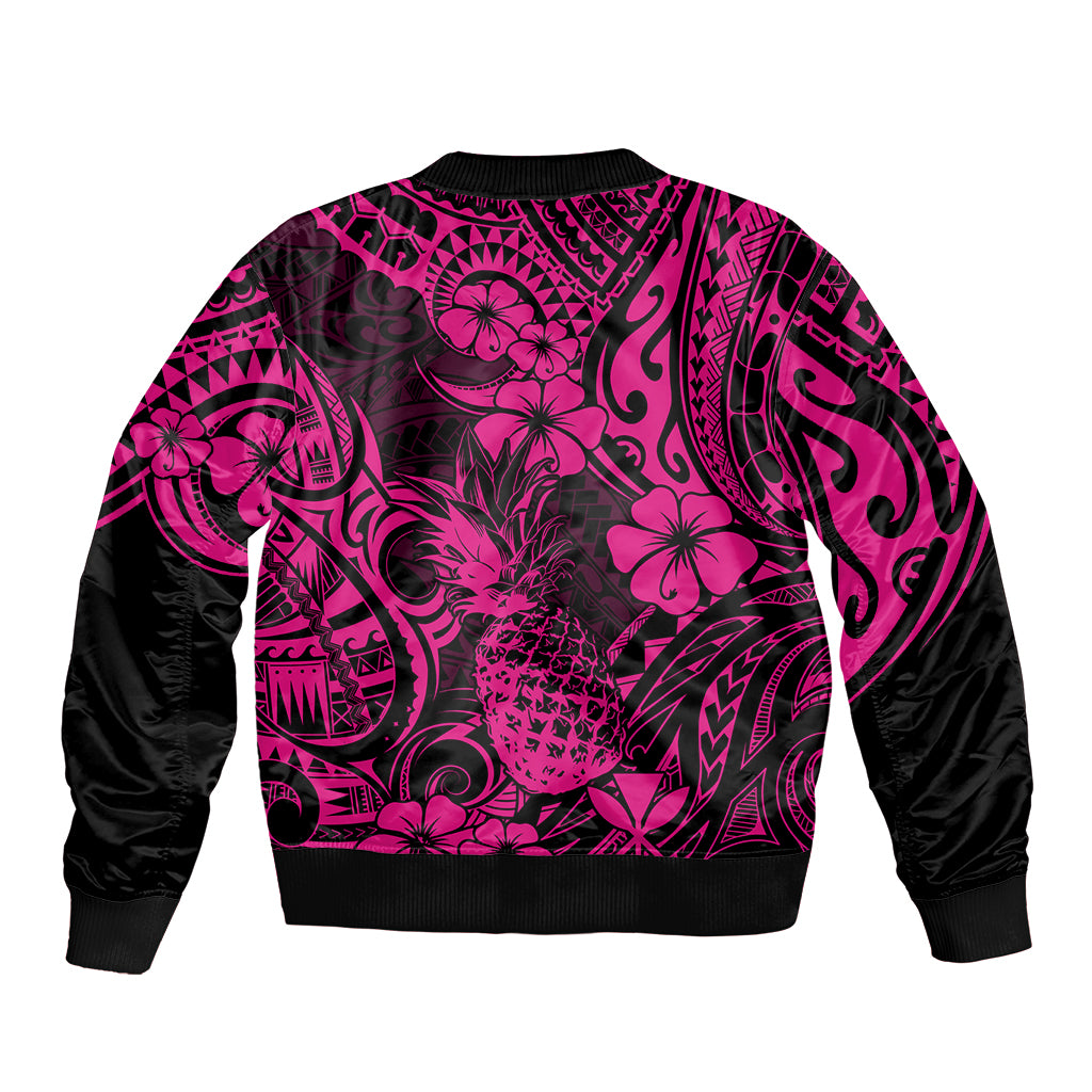 Hawaii Pineapple Sleeve Zip Bomber Jacket Paradise Flowers Pacific With Pink Polynesian Tribal LT01 - Polynesian Pride
