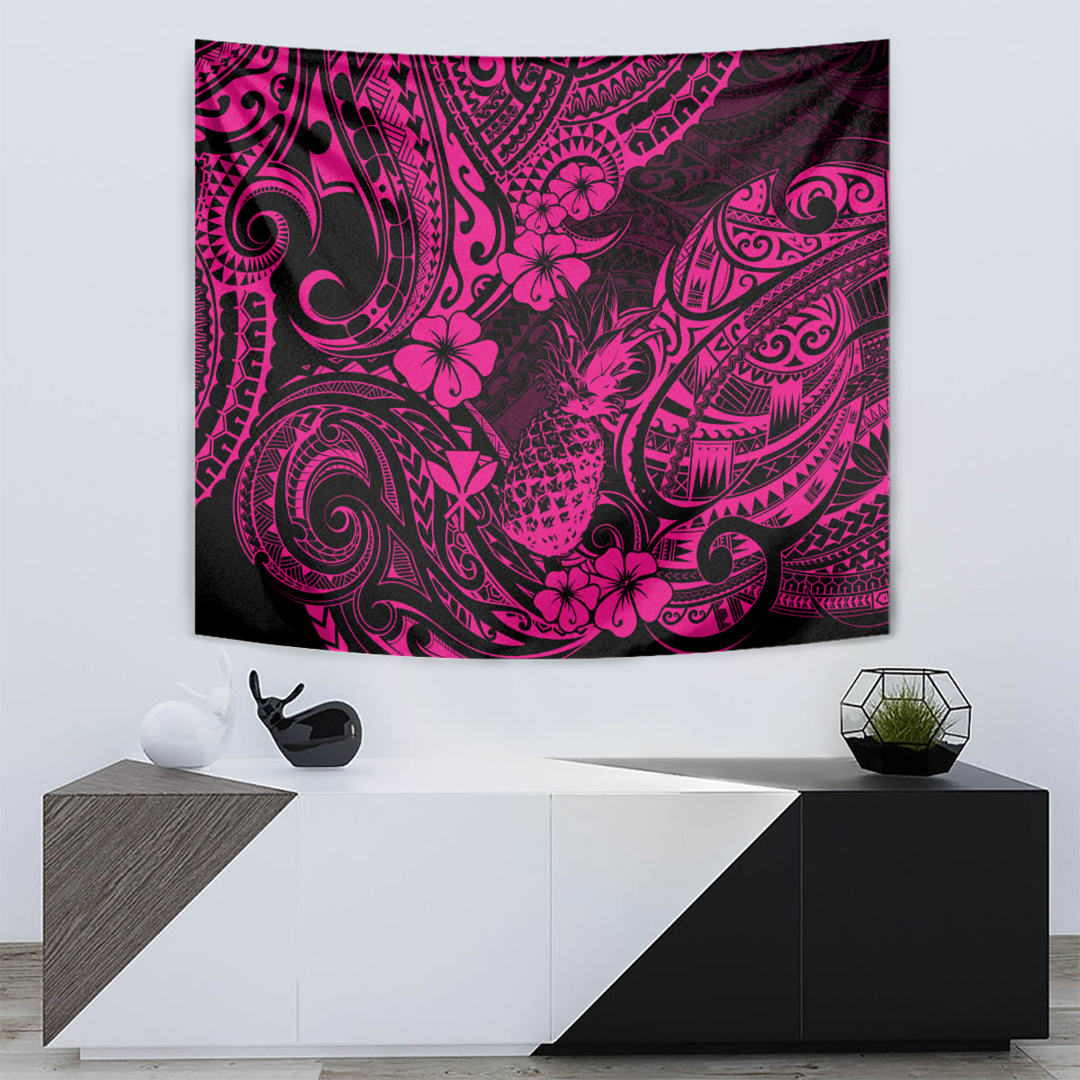 Hawaii Pineapple Tapestry Paradise Flowers Pacific With Pink Polynesian Tribal LT01 - Polynesian Pride