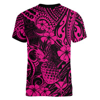 Hawaii Pineapple Women V Neck T Shirt Paradise Flowers Pacific With Pink Polynesian Tribal LT01 - Polynesian Pride