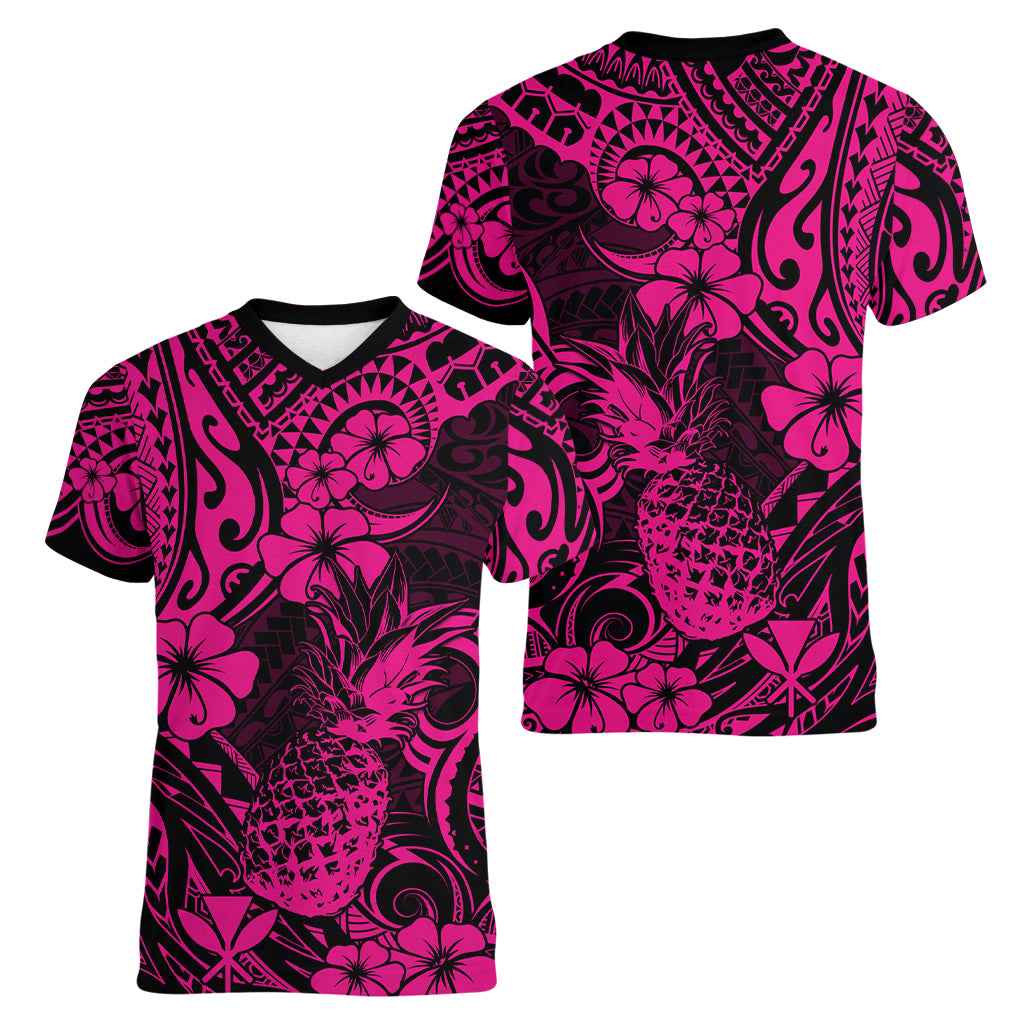 Hawaii Pineapple Women V Neck T Shirt Paradise Flowers Pacific With Pink Polynesian Tribal LT01 - Polynesian Pride