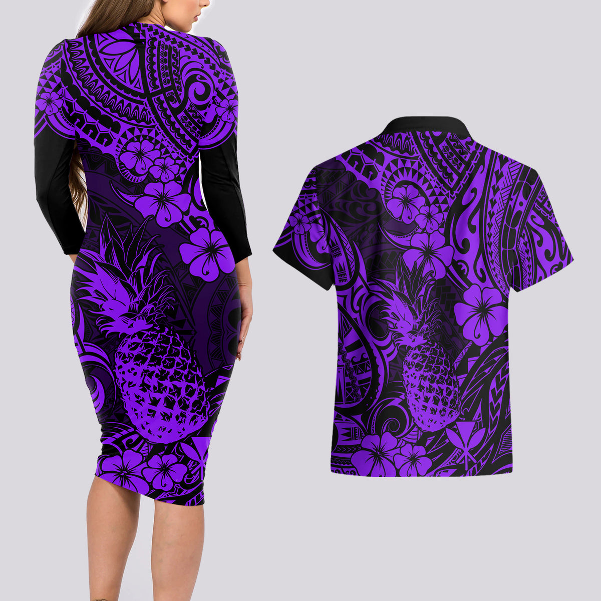 Hawaii Pineapple Couples Matching Long Sleeve Bodycon Dress and Hawaiian Shirt Polynesian Pattern Purple Version LT01 - Polynesian Pride
