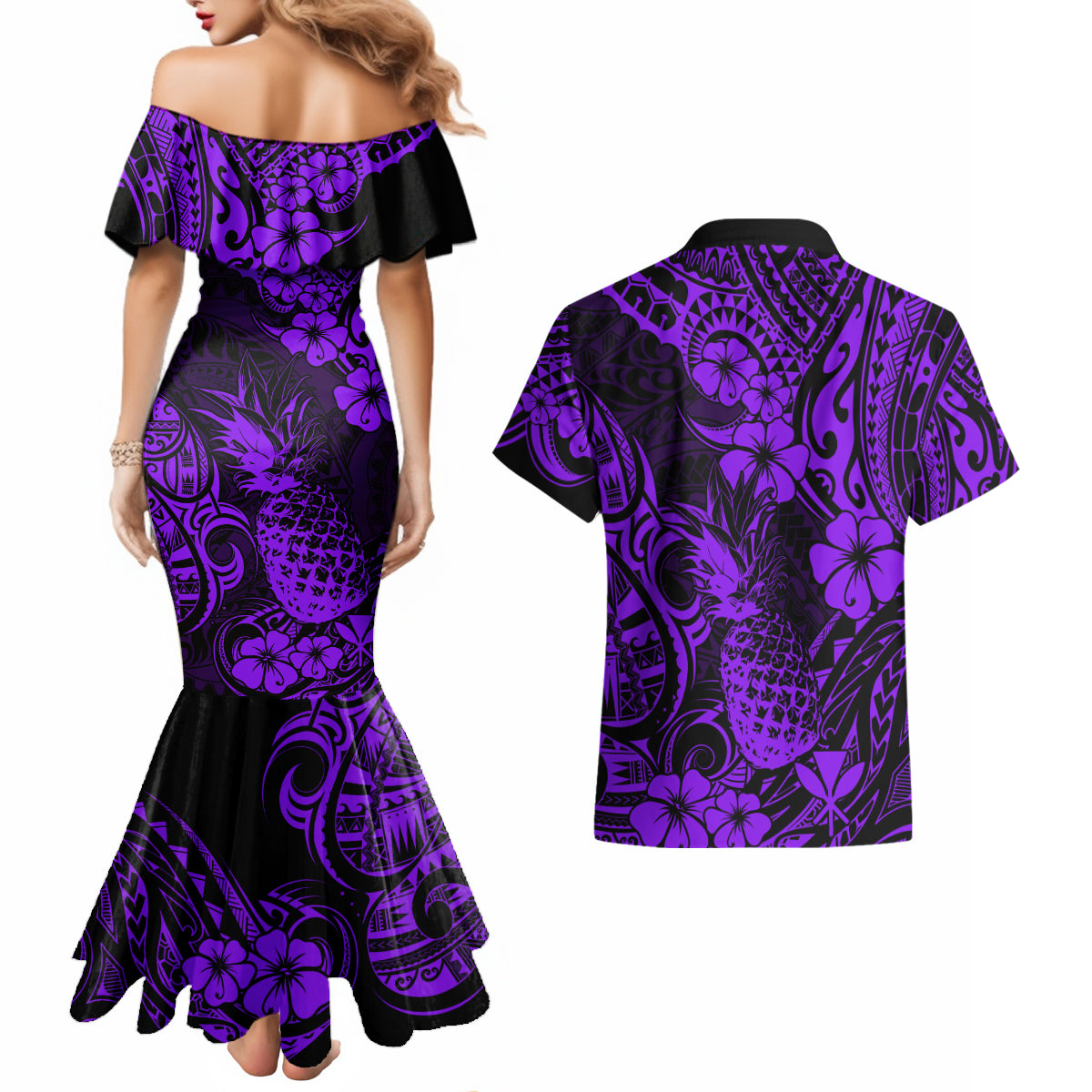 Hawaii Pineapple Couples Matching Mermaid Dress and Hawaiian Shirt Polynesian Pattern Purple Version LT01 - Polynesian Pride