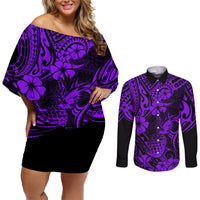 Hawaii Pineapple Couples Matching Off Shoulder Short Dress and Long Sleeve Button Shirts Polynesian Pattern Purple Version LT01 Purple - Polynesian Pride