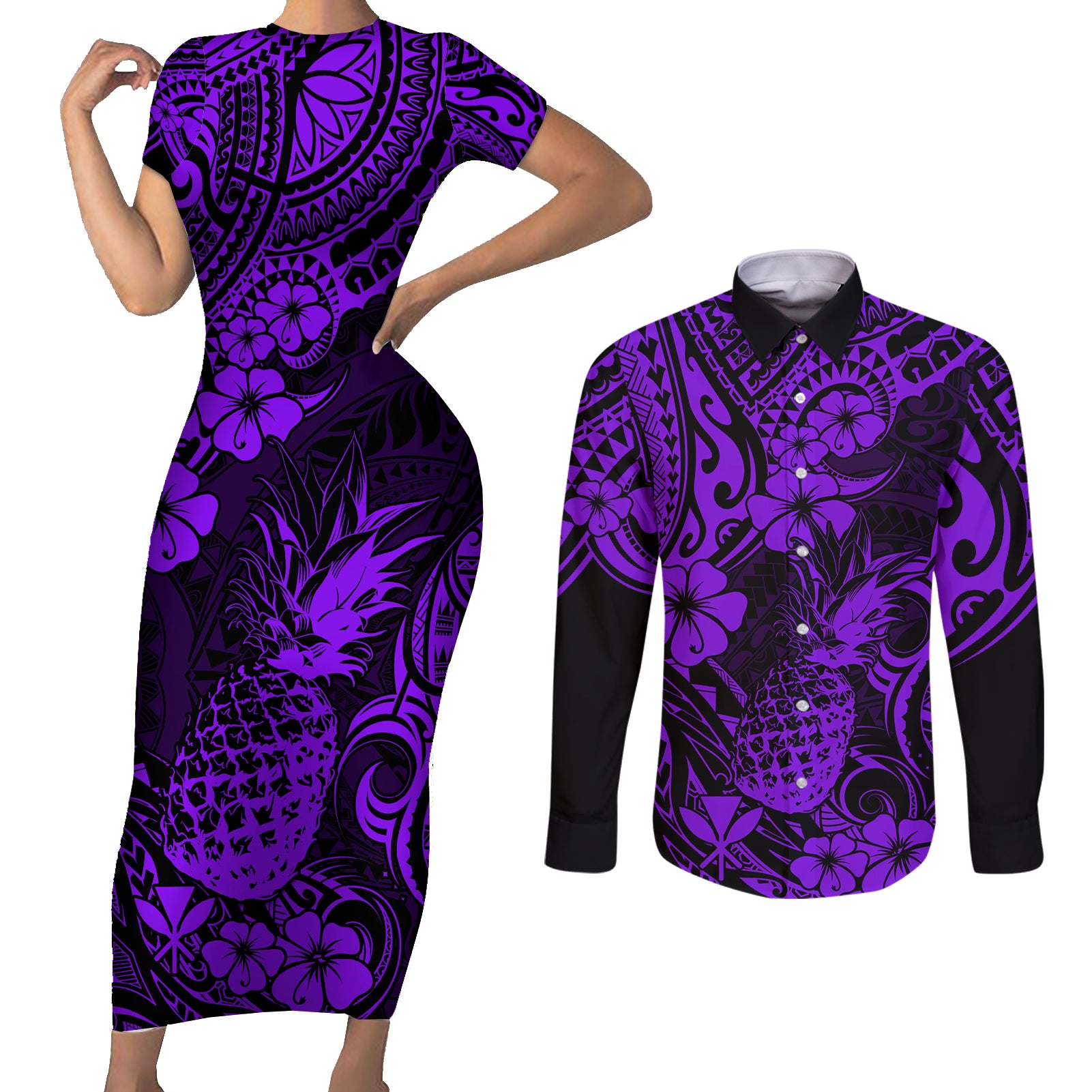 Hawaii Pineapple Couples Matching Short Sleeve Bodycon Dress and Long Sleeve Button Shirts Polynesian Pattern Purple Version LT01 Purple - Polynesian Pride