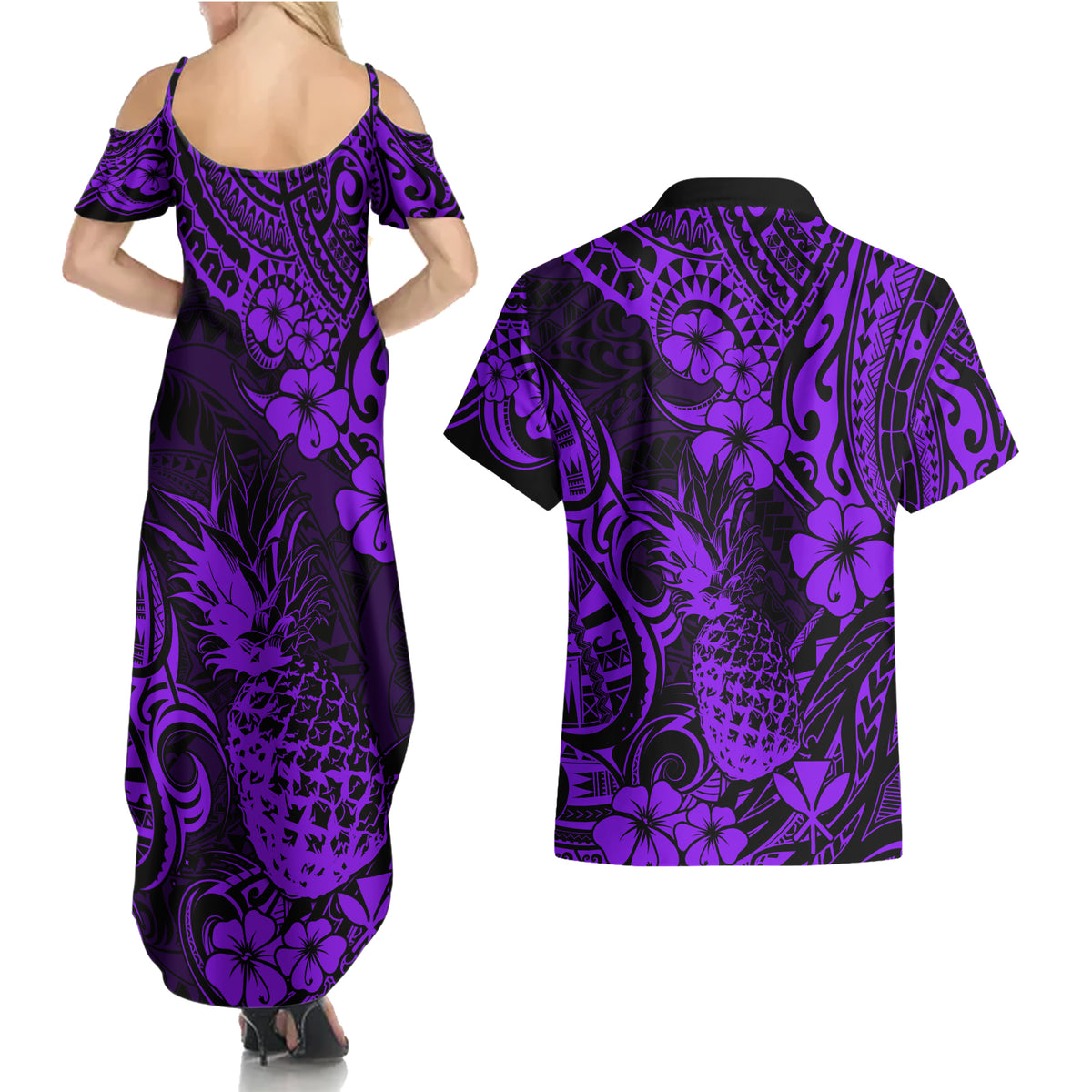 Hawaii Pineapple Couples Matching Summer Maxi Dress and Hawaiian Shirt Polynesian Pattern Purple Version LT01 - Polynesian Pride