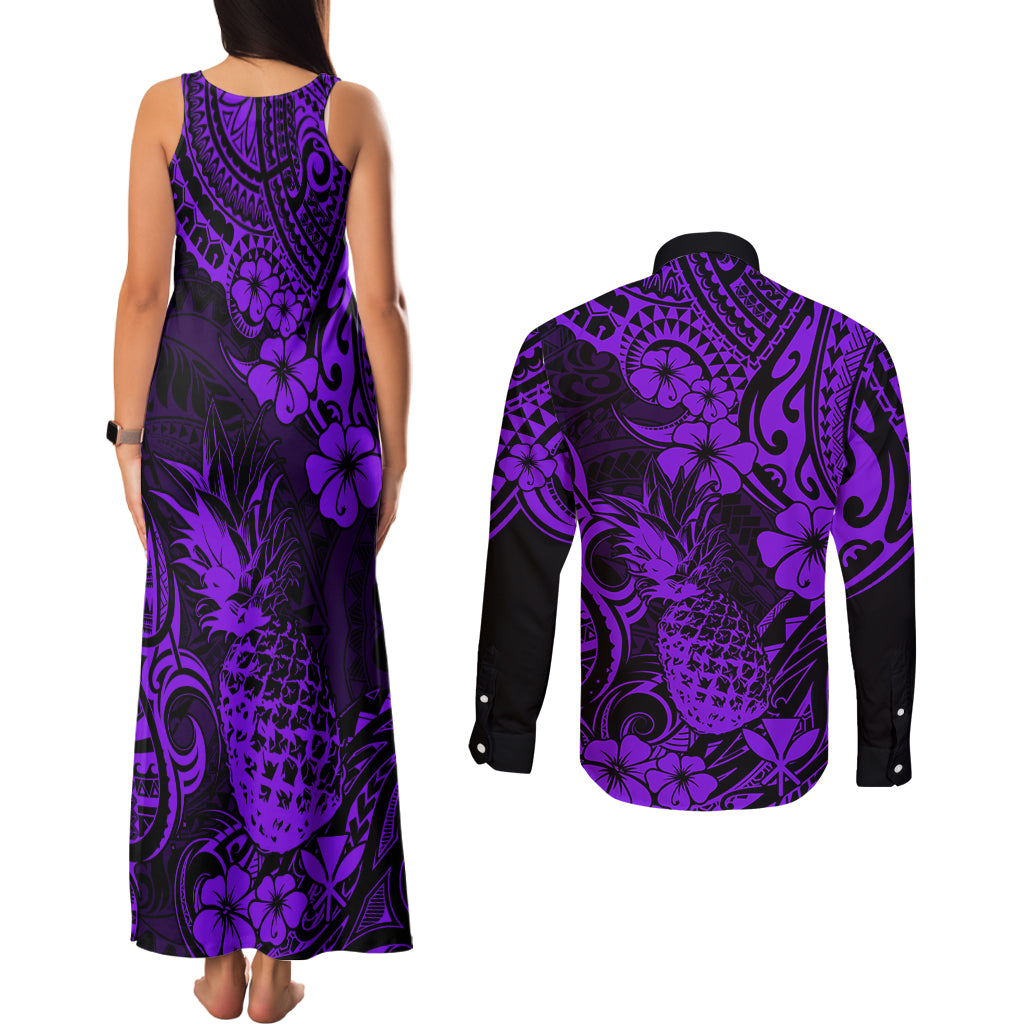 Hawaii Pineapple Couples Matching Tank Maxi Dress and Long Sleeve Button Shirts Polynesian Pattern Purple Version LT01 - Polynesian Pride