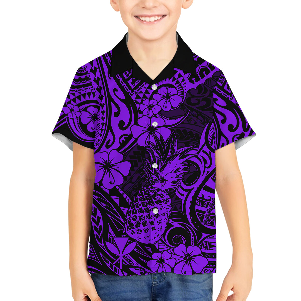 Hawaii Pineapple Family Matching Off Shoulder Long Sleeve Dress and Hawaiian Shirt Polynesian Pattern Purple Version LT01 Son's Shirt Purple - Polynesian Pride