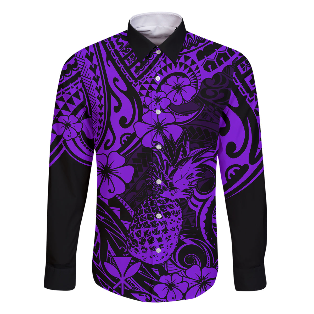 Hawaii Pineapple Family Matching Off Shoulder Short Dress and Hawaiian Shirt Polynesian Pattern Purple Version LT01 Dad's Shirt - Long Sleeve Purple - Polynesian Pride