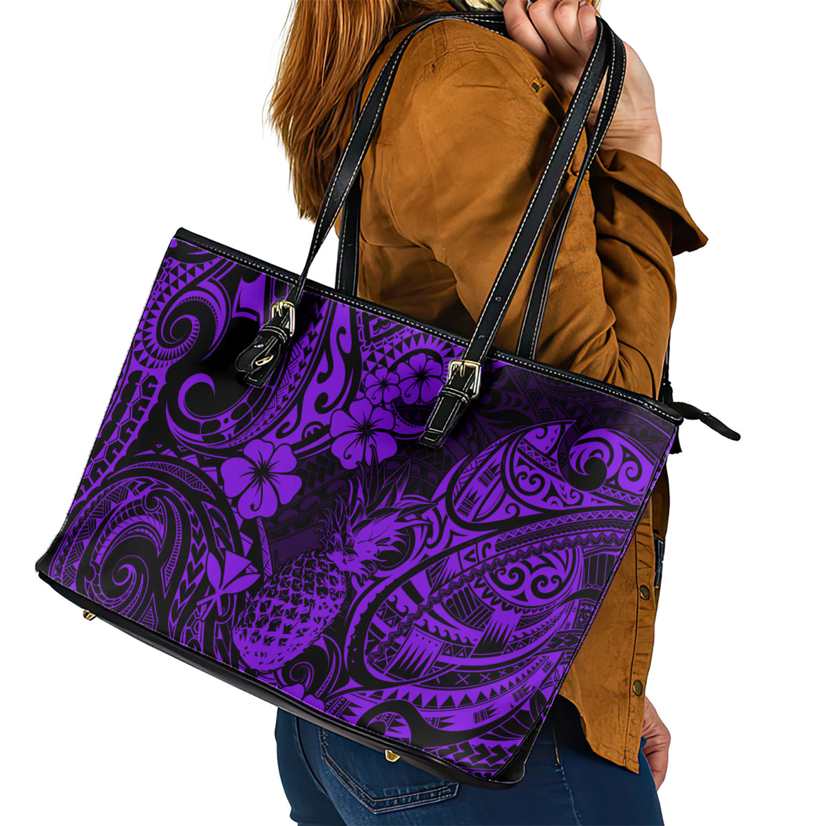 Hawaii Pineapple Leather Tote Bag Polynesian Pattern Purple Version LT01 - Polynesian Pride