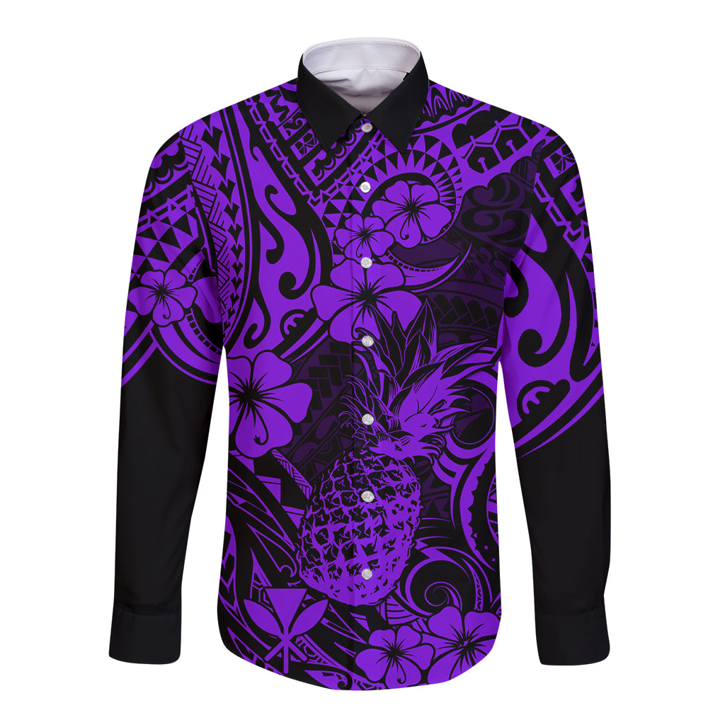 Hawaii Pineapple Long Sleeve Button Shirt Polynesian Pattern Purple Version LT01 Unisex Purple - Polynesian Pride