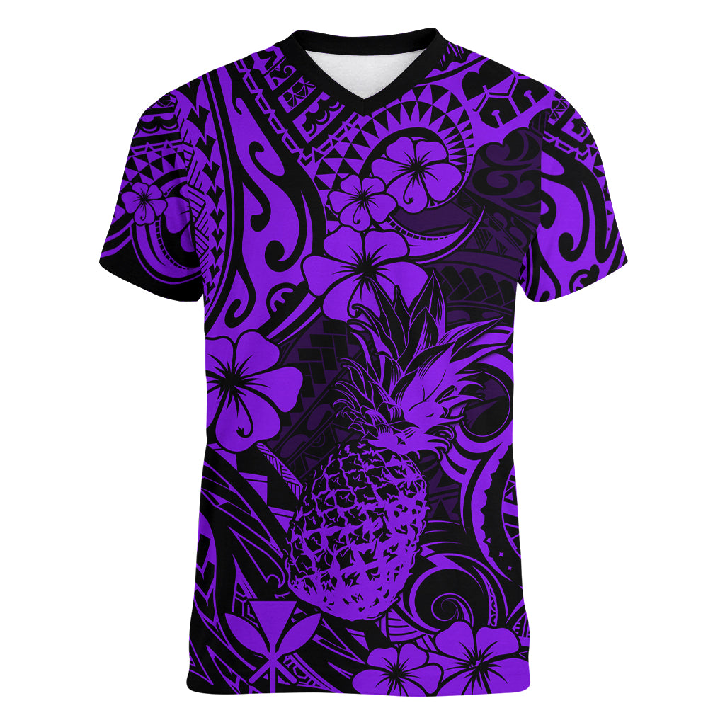 Hawaii Pineapple Women V Neck T Shirt Polynesian Pattern Purple Version LT01 Female Purple - Polynesian Pride