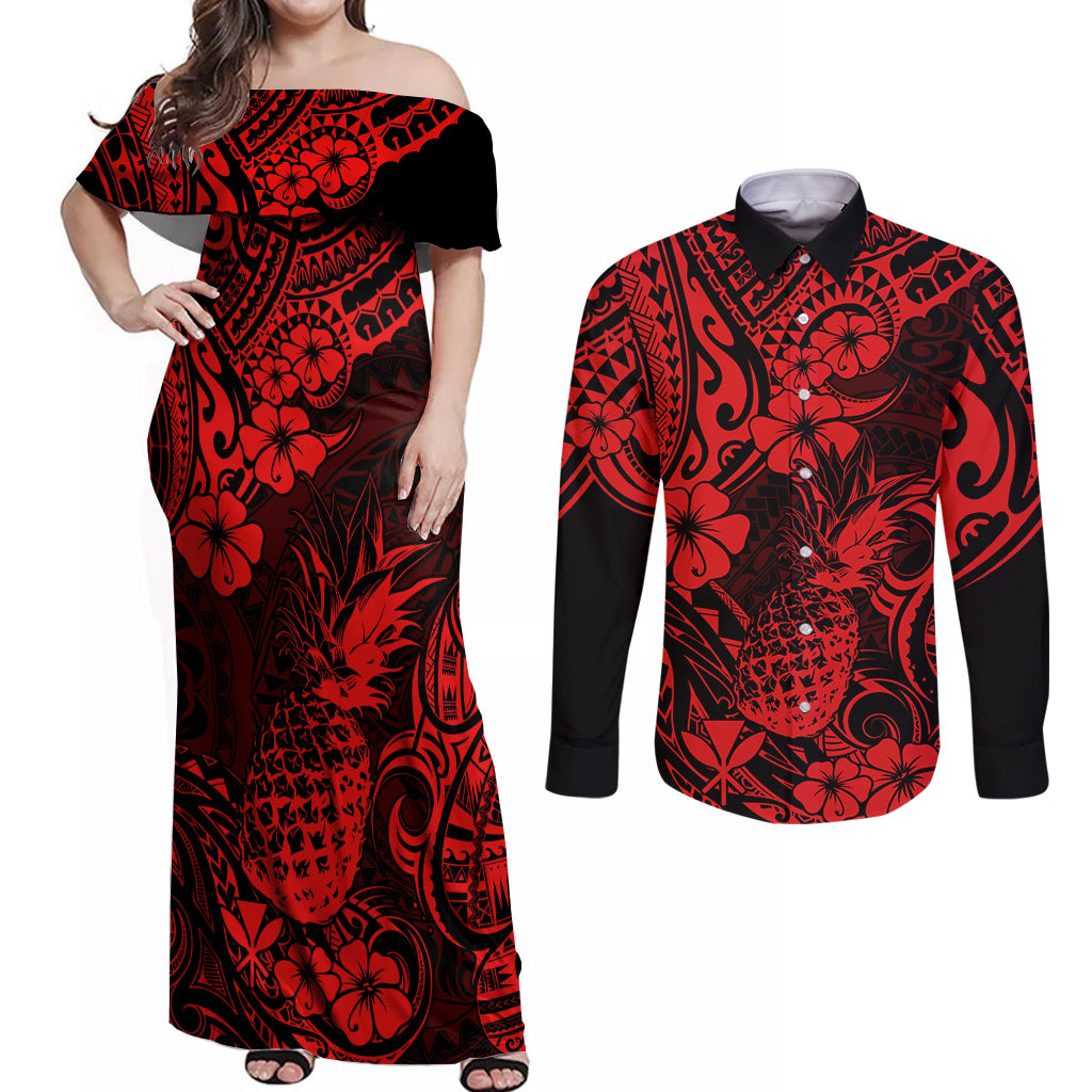 Hawaii Pineapple Couples Matching Off Shoulder Maxi Dress and Long Sleeve Button Shirts Polynesian Pattern Red Version LT01 Red - Polynesian Pride