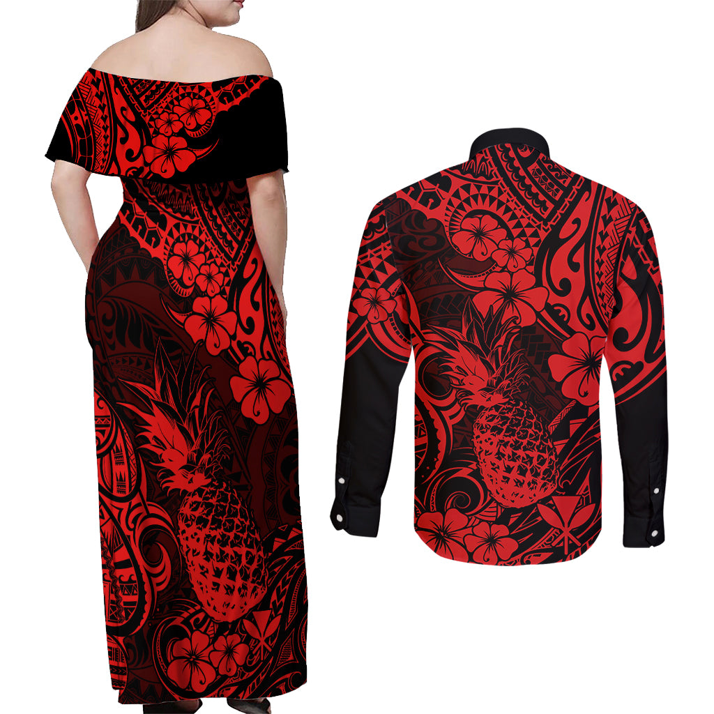 Hawaii Pineapple Couples Matching Off Shoulder Maxi Dress and Long Sleeve Button Shirts Polynesian Pattern Red Version LT01 - Polynesian Pride